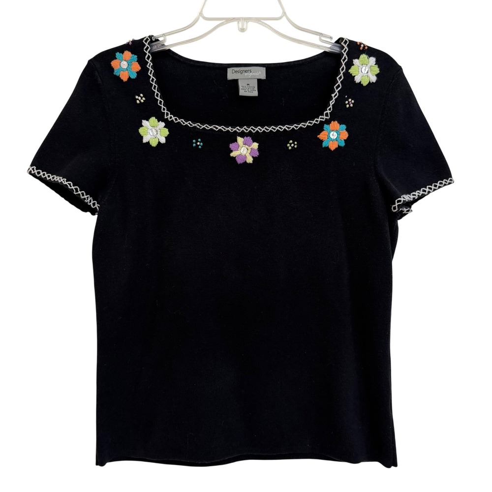 VTG Designers Originals Floral Embroidered Beaded Short Sleeve Sweater Top M EUC